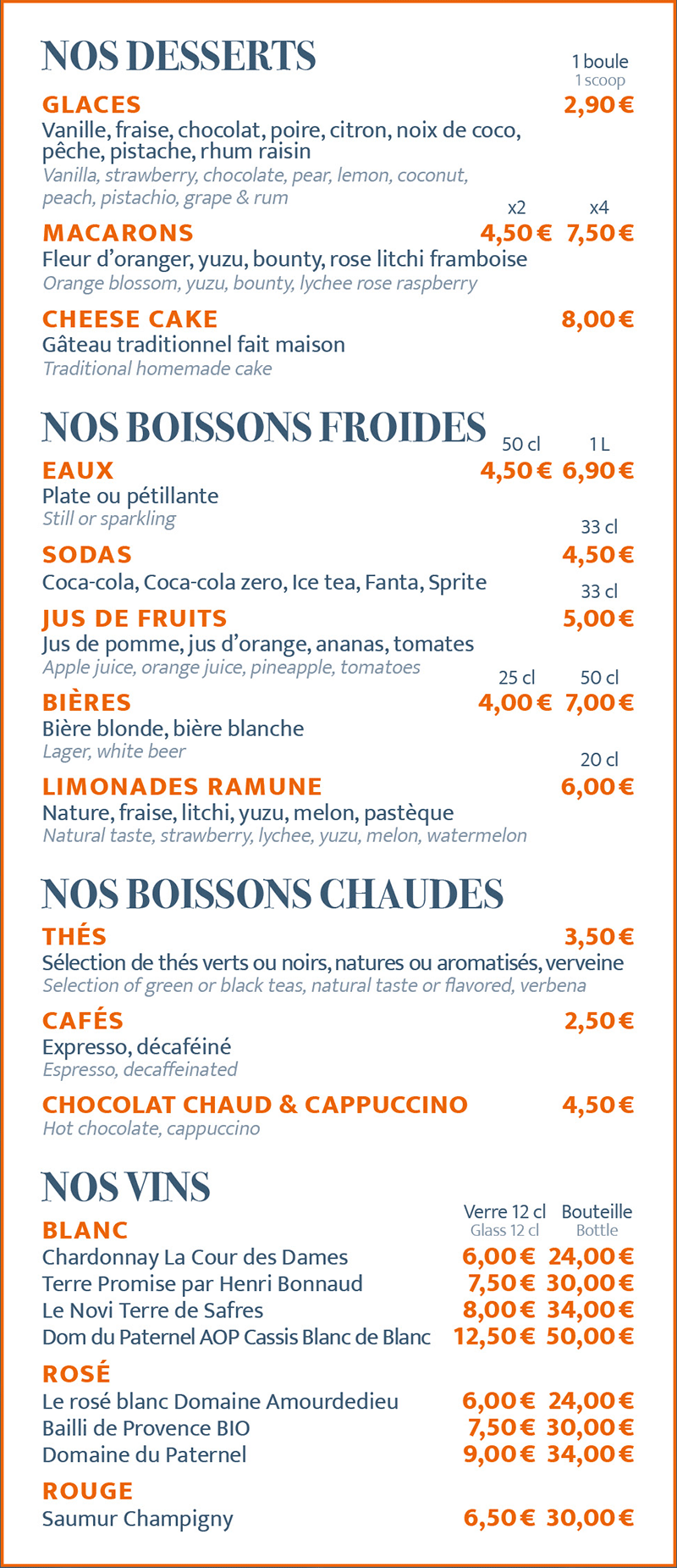 Desserts - Boissons - Vins